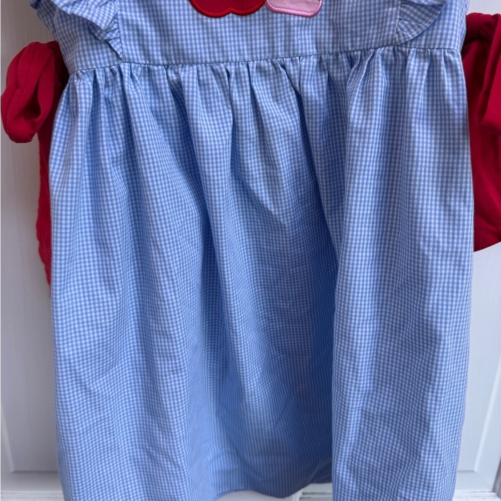 NWOT Stitchy Fish 4T Girls Blue Gingham Back to School Apple Short Sleeve Dress - Picture 3 of 9